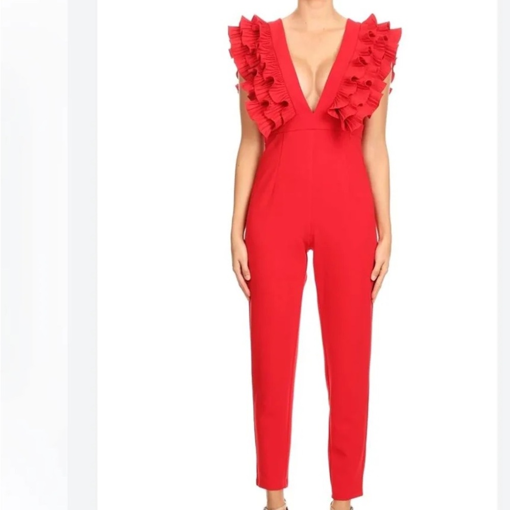 Ina Red Ruffle V-Neck Jumpsuit - Picture 2 of 6